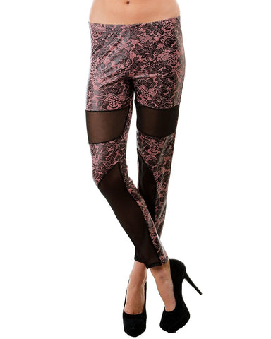 Love of Leggings - Pink Imitation Lace Leggings with Mesh Cutouts